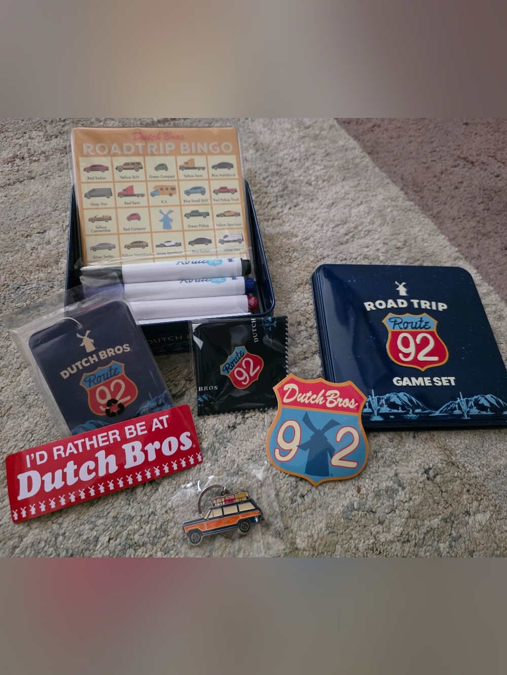 Dutch Bros Road Trip Game, Sticker, Keychain, Air Freshner In Collectible Tin